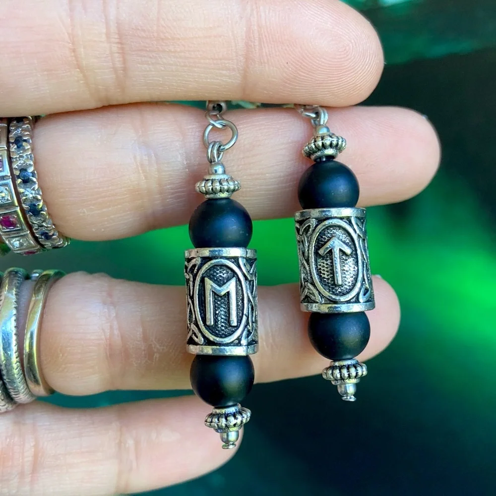 Matte Black onyx viking celtic runes dangly stainless steel post hooks earrings - Picture 7 of 9